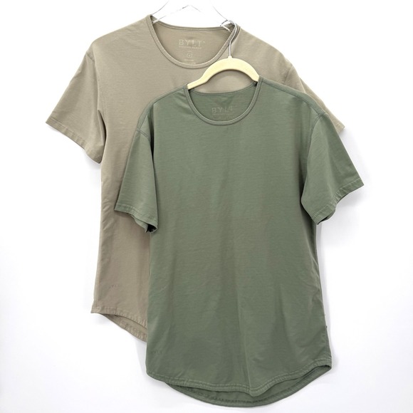 BYLT Drop Cut Lux Tee Mens Size M Short Sleeve T-Shirt Green & Tan Lot Of 2 - Picture 1 of 10